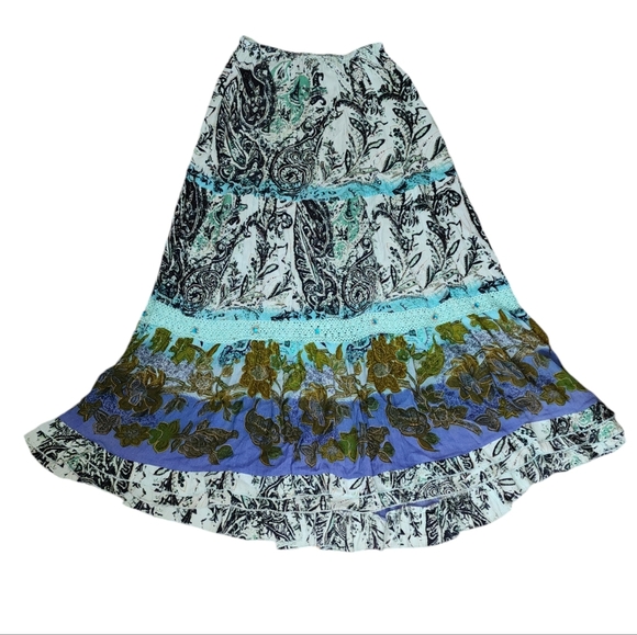 Forbidden Vintage M Blue Floral Paisley Crochet A- Line Maxi Skirt - Picture 2 of 10